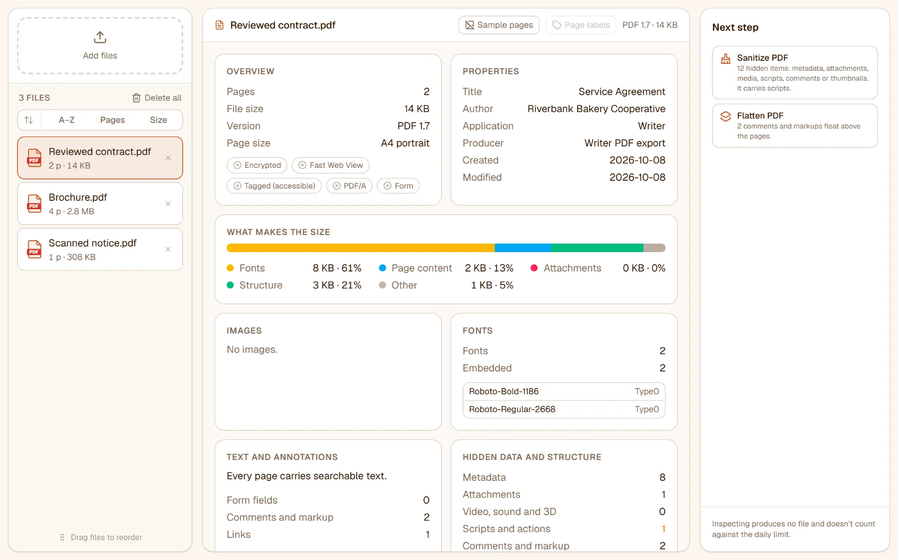 Inspect PDF with three files: the reviewed contract's report - 2 pages, 14 KB, fonts 61% of the size, 8 metadata, 1 attachment, 1 script - and two recommendations in the rail, Sanitize PDF and Flatten PDF