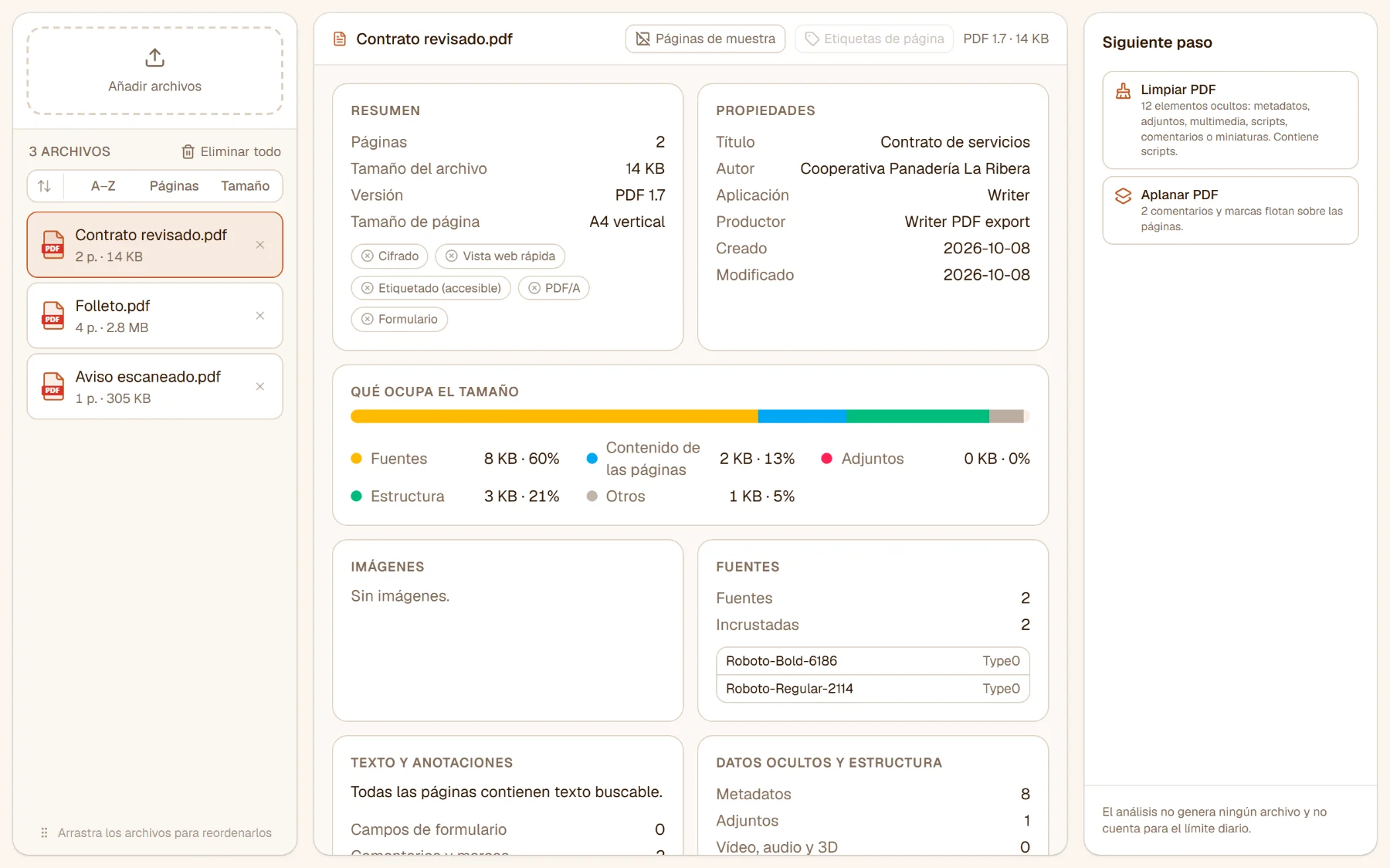 Analizar PDF con tres archivos: el informe del contrato revisado - 2 páginas, 14 KB, fuentes el 61 % del tamaño, 8 metadatos, 1 adjunto, 1 script - y dos recomendaciones en el panel, Limpiar PDF y Aplanar PDF