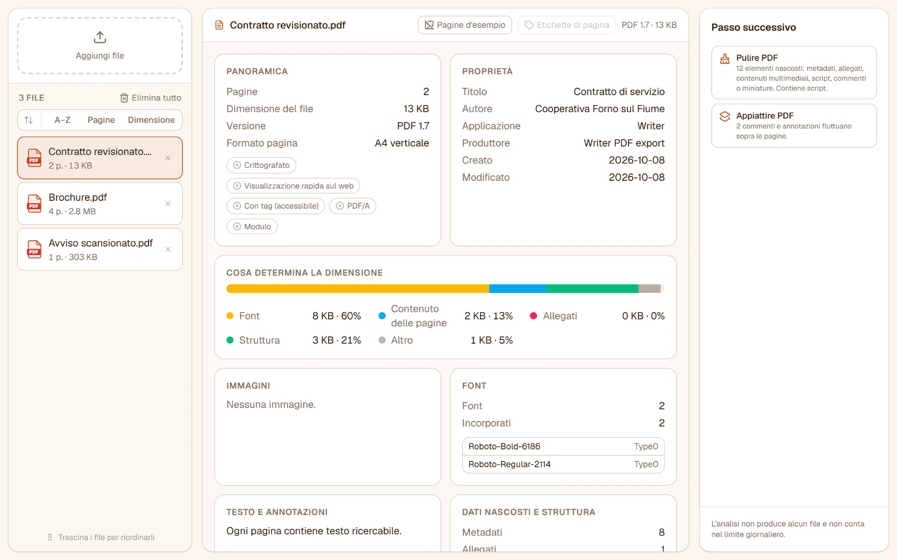 Analizzare PDF con tre file: il report del contratto revisionato - 2 pagine, 14 KB, font al 61% della dimensione, 8 metadati, 1 allegato, 1 script - e due consigli nel pannello, Pulire PDF e Appiattire PDF