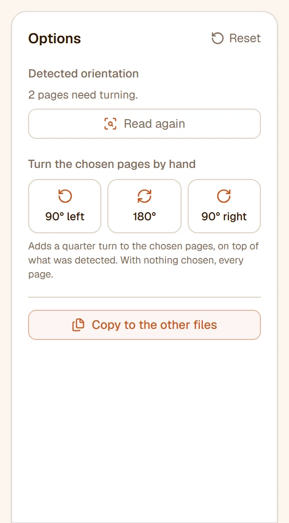 The rail: 2 pages need turning, Read again, and the 90° left, 180° and 90° right buttons
