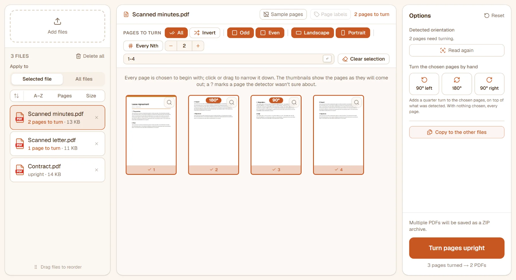 Auto-rotate PDF with three files: in the scanned minutes the upside-down page carries a 180° badge and the sideways one a 90° badge