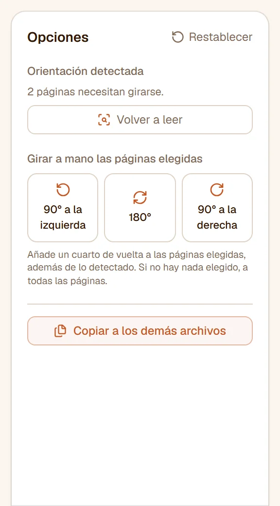El panel: 2 páginas por girar, Volver a leer y los botones 90° a la izquierda, 180° y 90° a la derecha