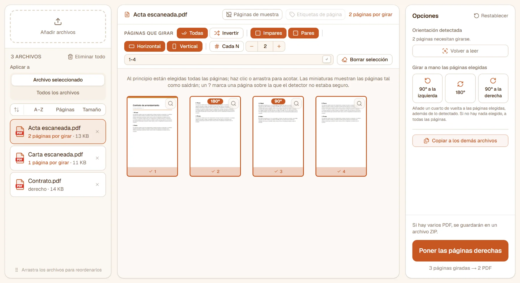 Rotar PDF automáticamente con tres archivos: en el acta escaneada, la página del revés lleva una insignia de 180° y la que está de lado una de 90°