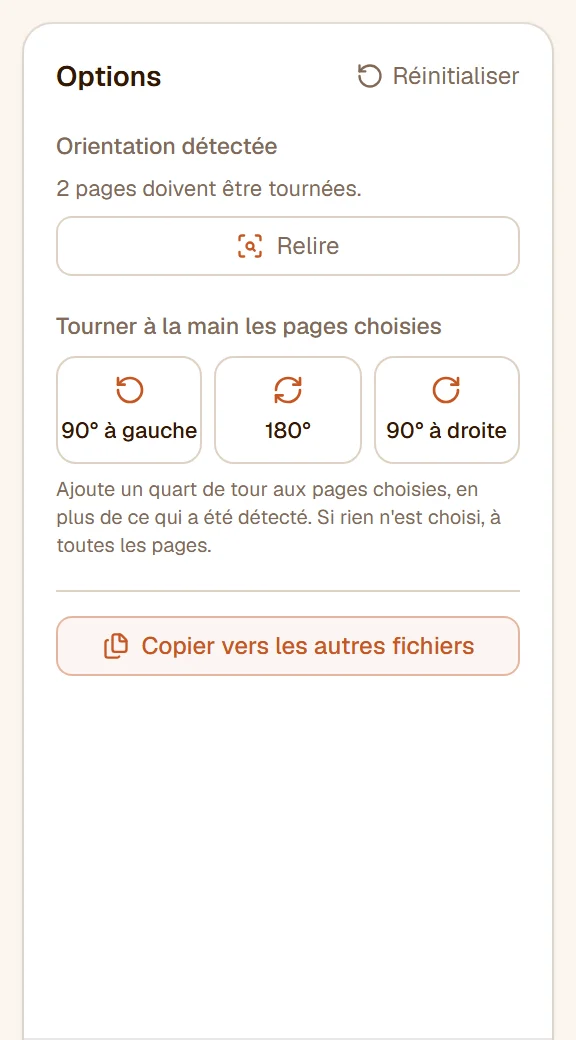 Le panneau : 2 pages à tourner, Relire, et les boutons 90° à gauche, 180° et 90° à droite