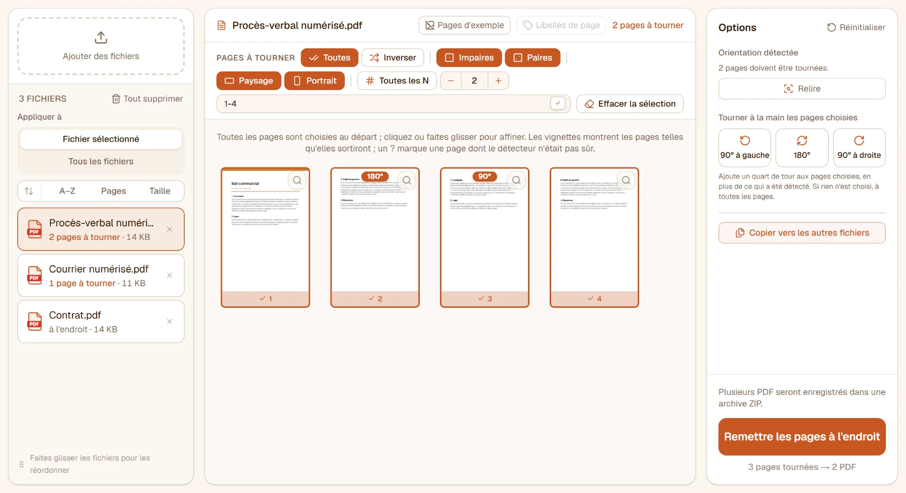 Rotation automatique de PDF avec trois fichiers : dans le procès-verbal numérisé, la page à l'envers porte un badge 180° et la page couchée un badge 90°