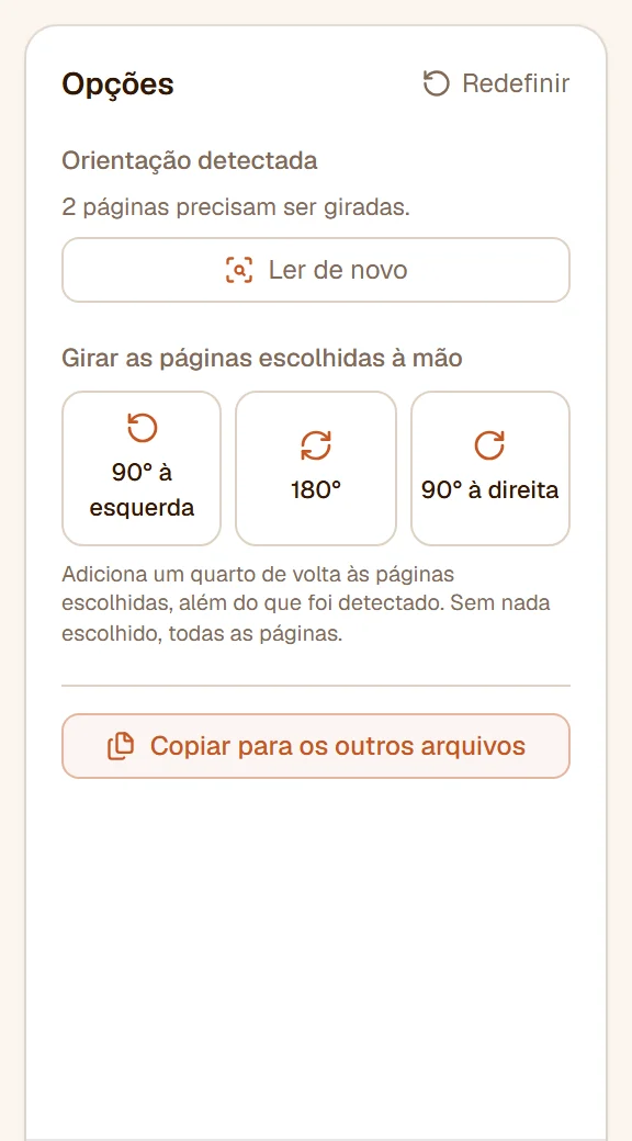 O painel: 2 páginas a girar, Ler de novo e os botões 90° à esquerda, 180° e 90° à direita