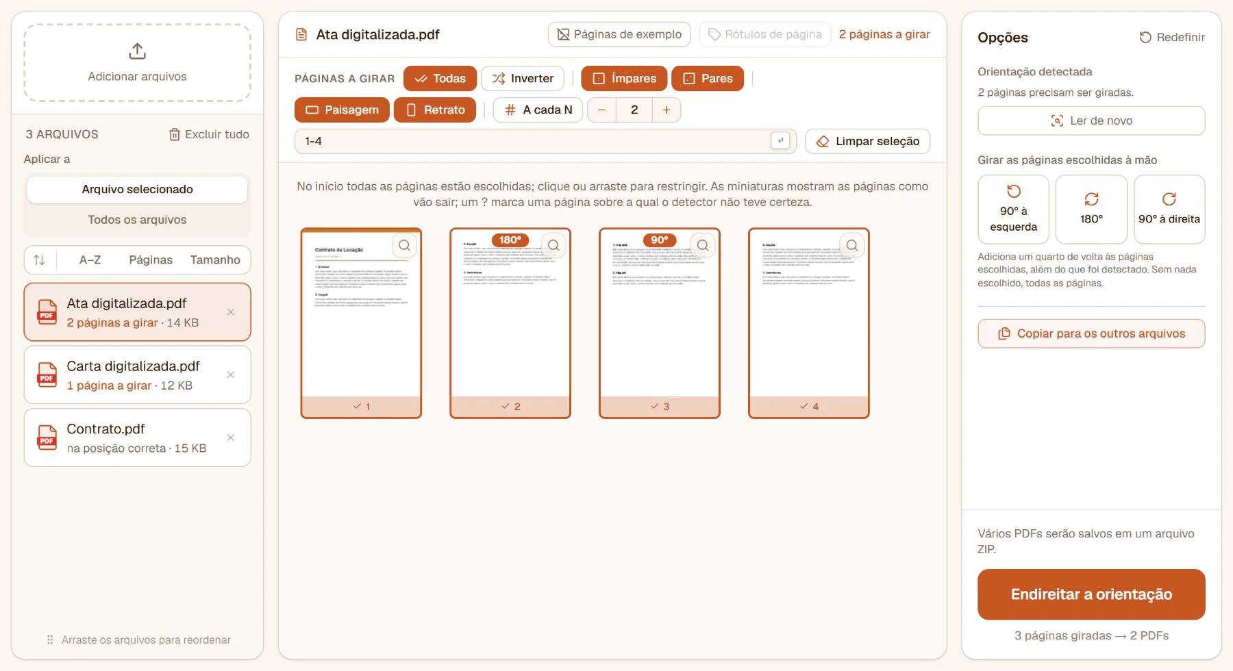 Girar PDF automaticamente com três arquivos: na ata digitalizada, a página de cabeça para baixo tem um selo de 180° e a que está de lado, um de 90°