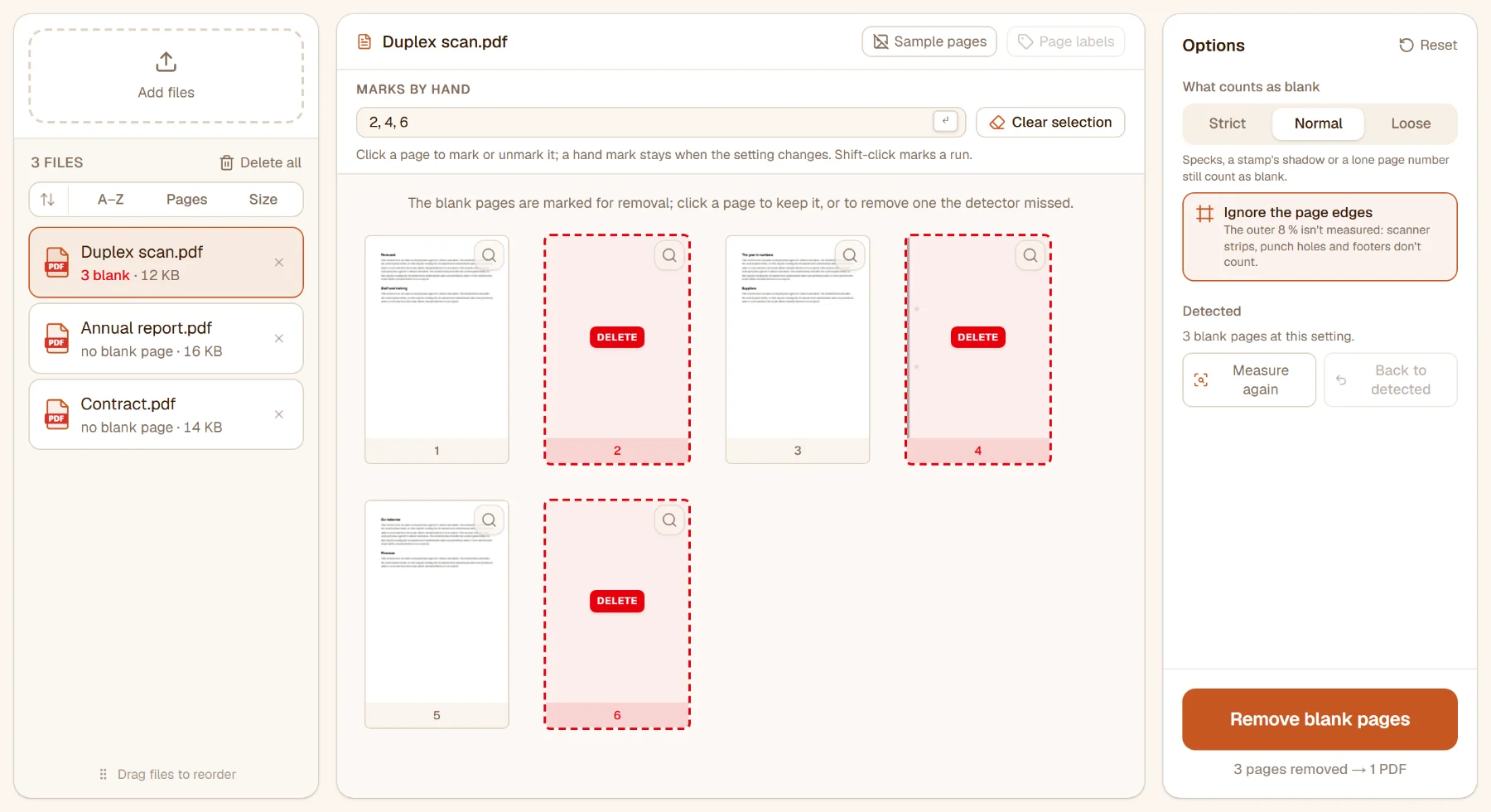 Remove blank pages with three files: the duplex scan's pages 2, 4 and 6 marked Delete, the file list says 3 blank