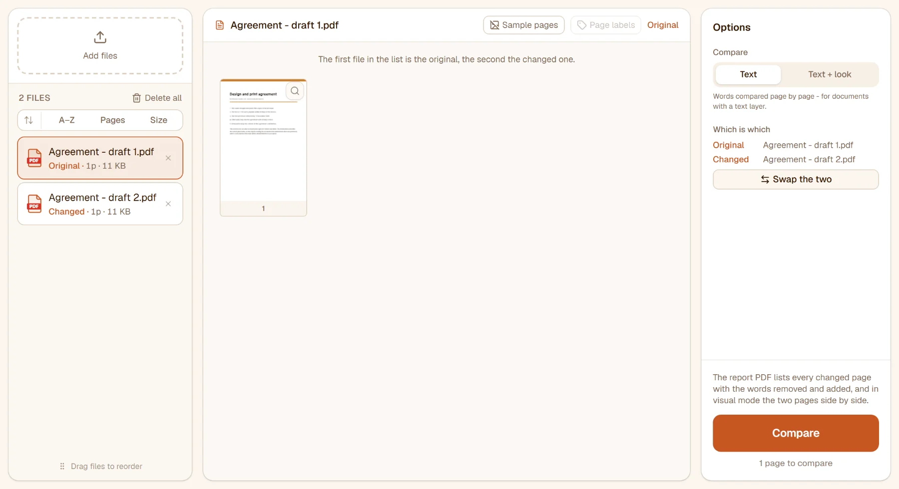 Compare PDFs with two drafts of an agreement: draft 1 marked Original, draft 2 Changed, the Text mode chosen