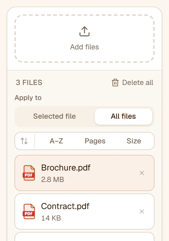 Three files in the list with Apply to set to All files