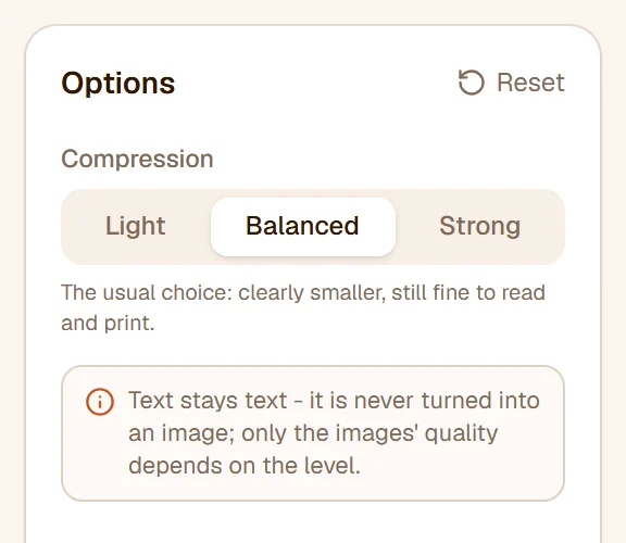 The compression levels Light, Balanced and Strong, with Balanced chosen and its description under it