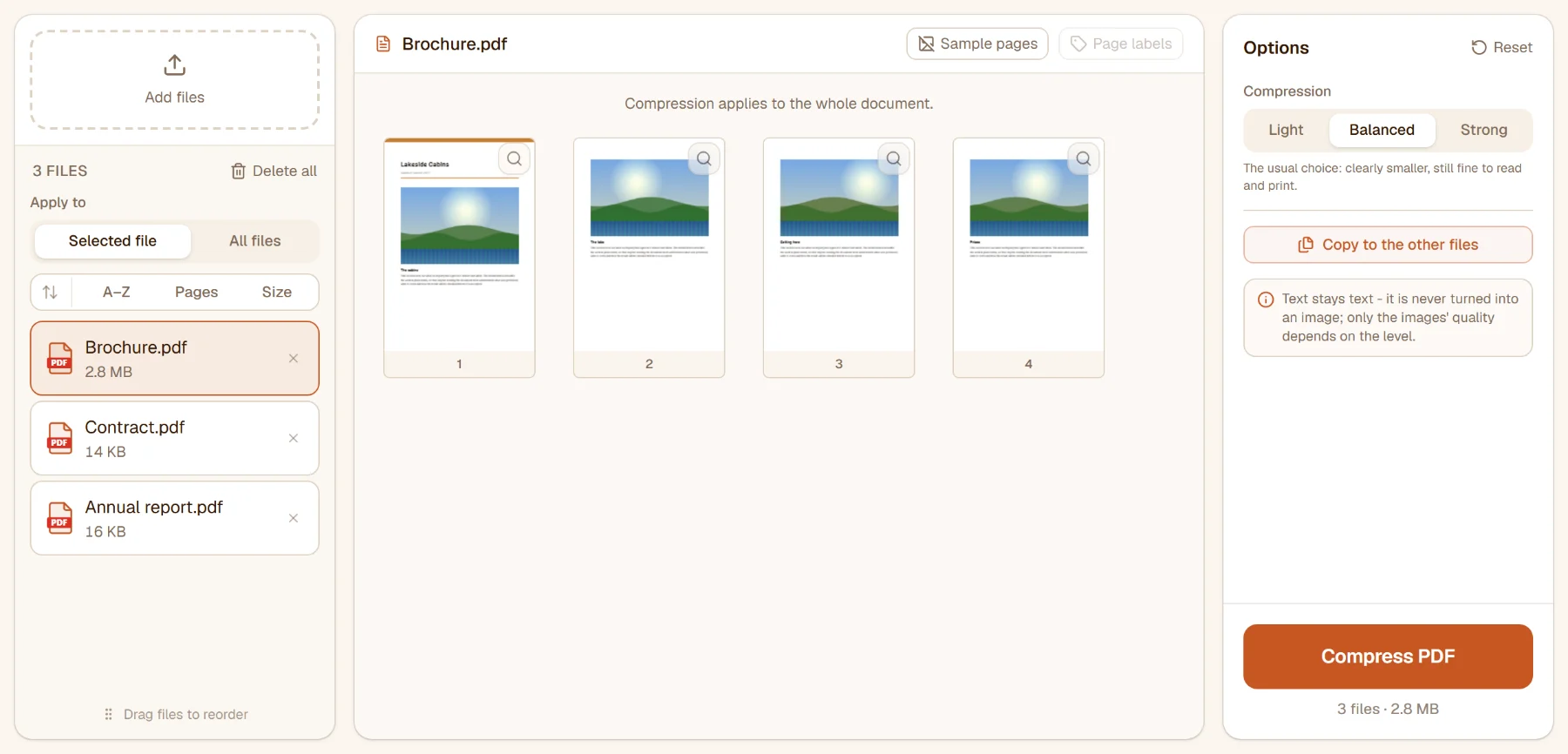 Compress PDF with a brochure full of photos loaded: the file list, the page thumbnails and the compression levels