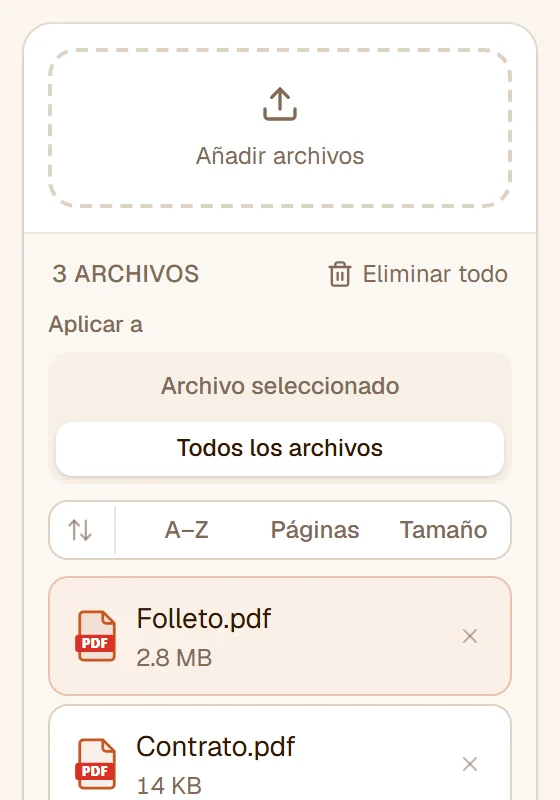 Tres archivos en la lista con Aplicar a en Todos los archivos