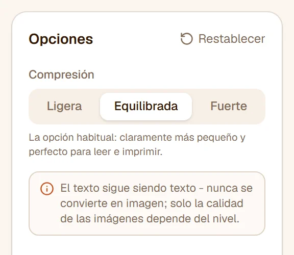 Los niveles de compresión Ligera, Equilibrada y Fuerte, con Equilibrada elegida y su descripción debajo