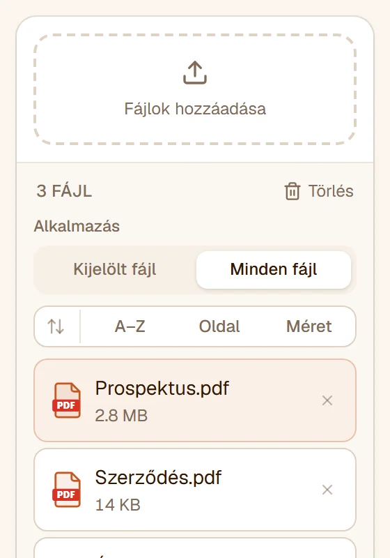 Három fájl a listában, az Alkalmazás beállítás Minden fájl állásban