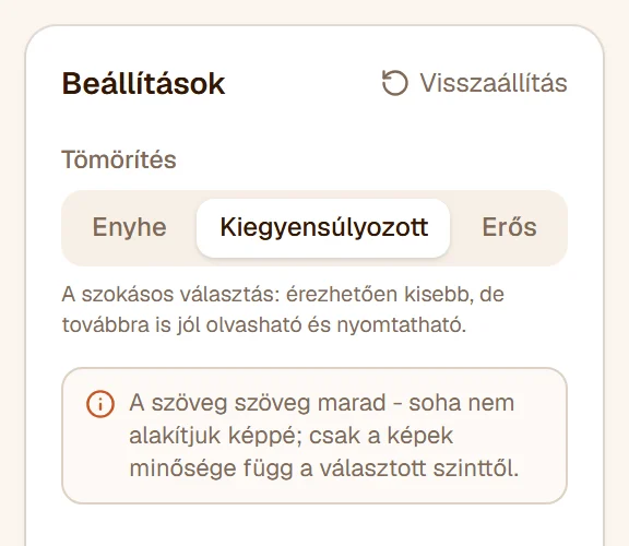 Az Enyhe, Kiegyensúlyozott és Erős tömörítési szint, a Kiegyensúlyozott kiválasztva, alatta a leírása