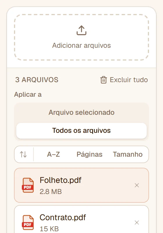 Três arquivos na lista com Aplicar a em Todos os arquivos