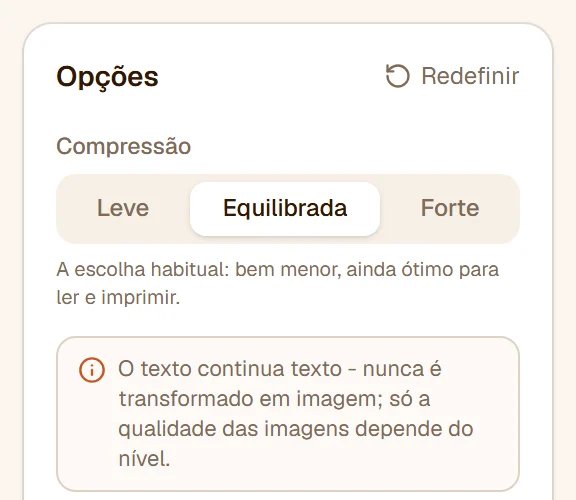 Os níveis de compressão Leve, Equilibrada e Forte, com Equilibrada escolhida e a descrição dela embaixo