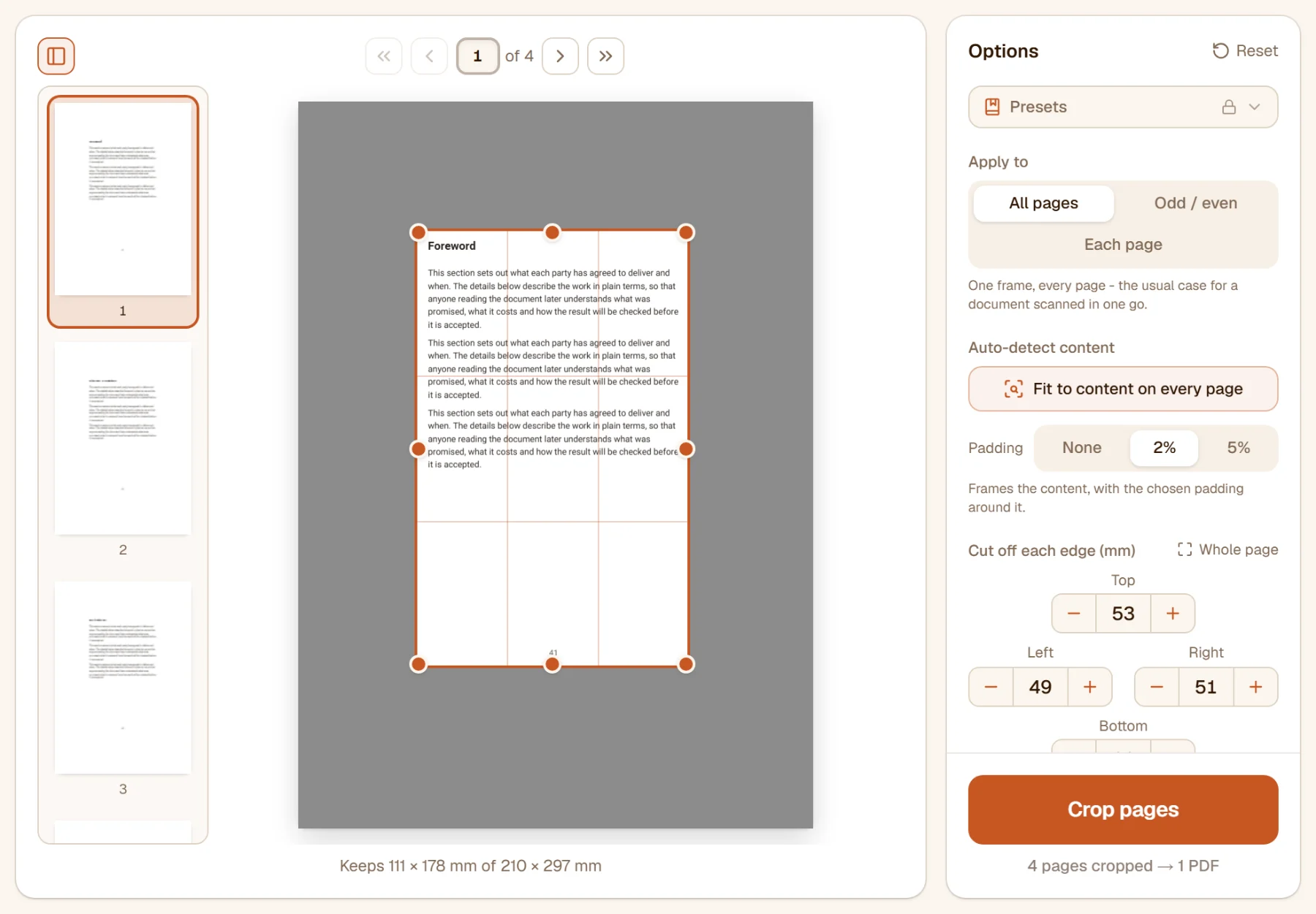 The frame fitted to the book page's text column: the wide margins dimmed and the millimetres to cut off filled in