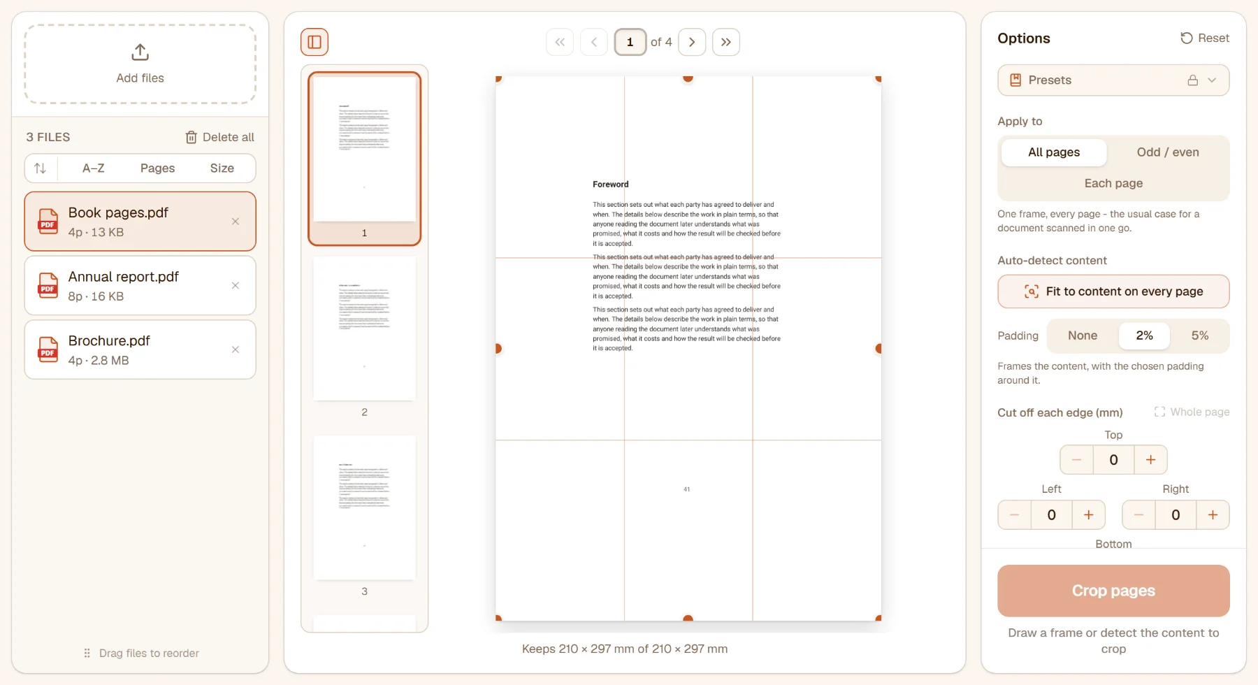 Crop PDF with three files: a book page with wide margins open, the frame still at the page's edges