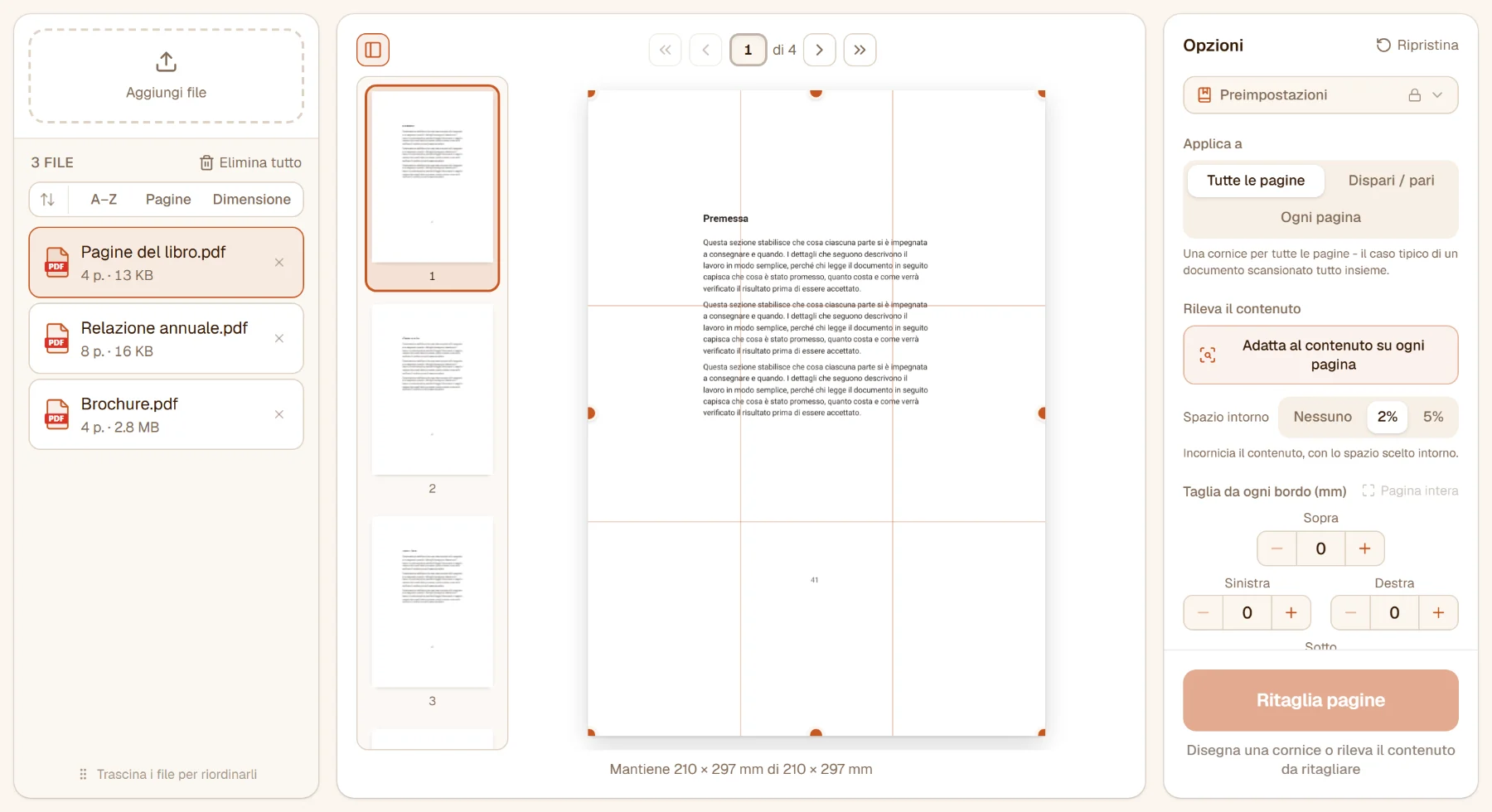 Ritagliare PDF con tre file: aperta la pagina di un libro con margini larghi, la cornice ancora sui bordi della pagina