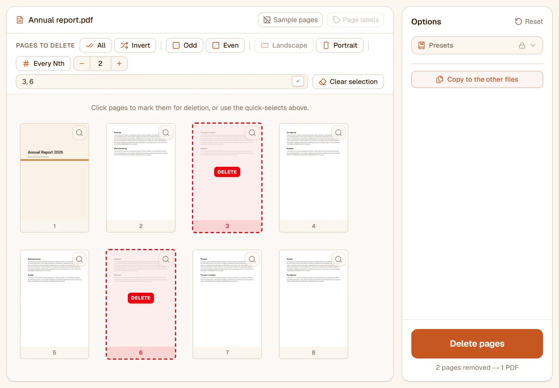 Pages 3 and 6 marked for deletion: faded, with dashed red edges and a Delete label, the field above reads 3, 6