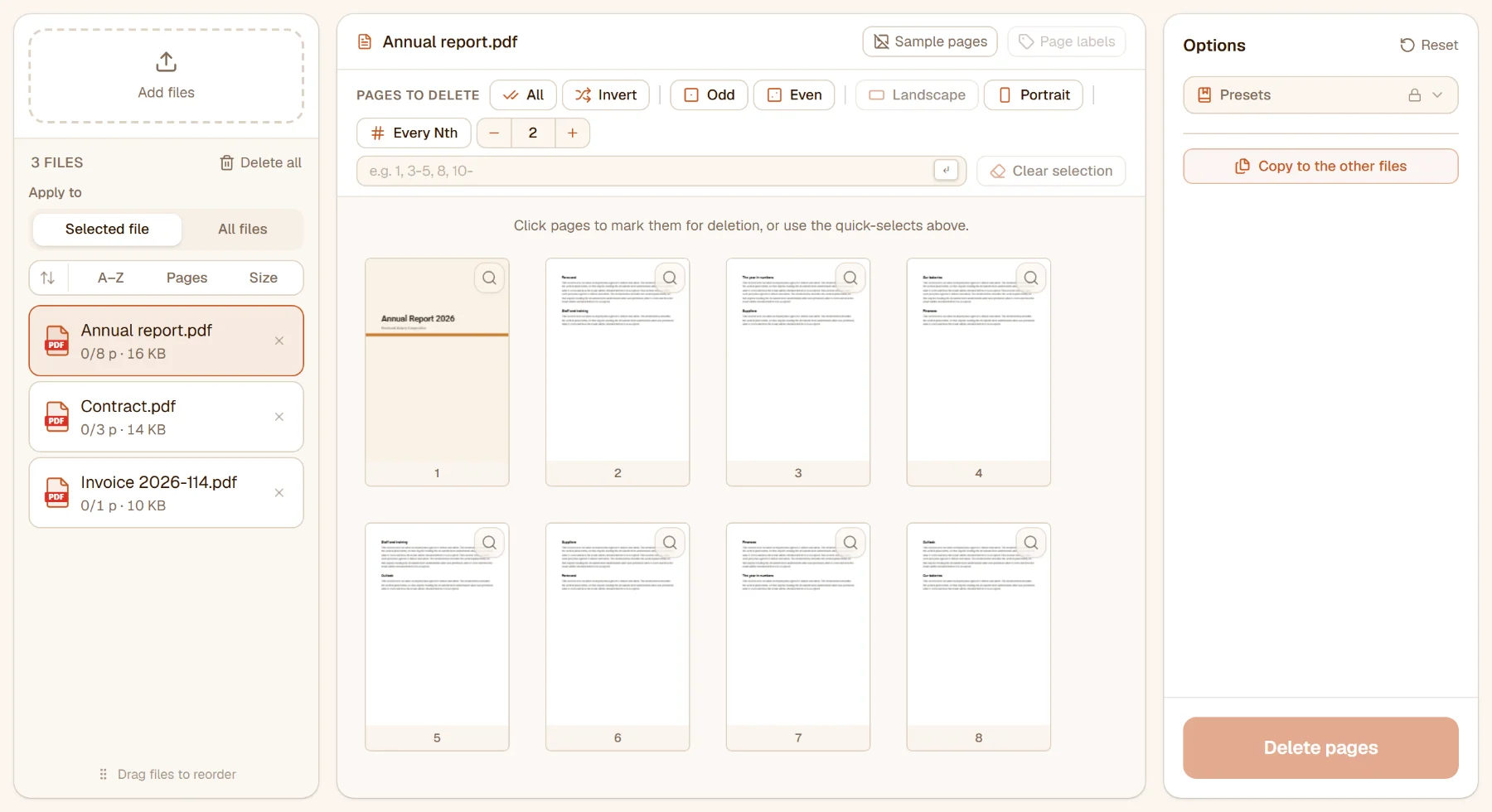 Delete Pages with an eight-page report loaded: the page thumbnails with the page selection bar above them