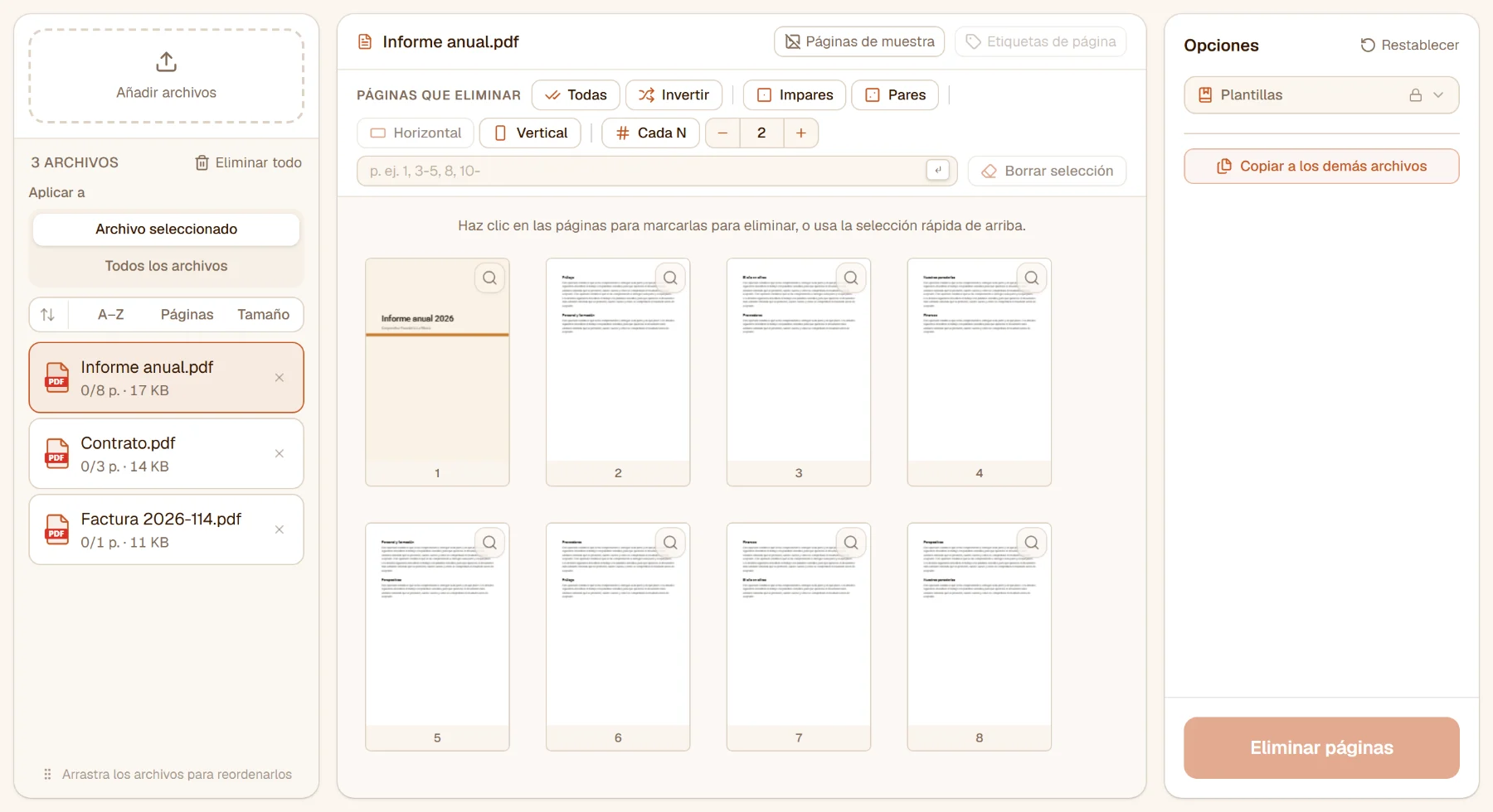 Eliminar páginas de PDF con un informe de ocho páginas cargado: las miniaturas de las páginas con la barra de selección de páginas encima