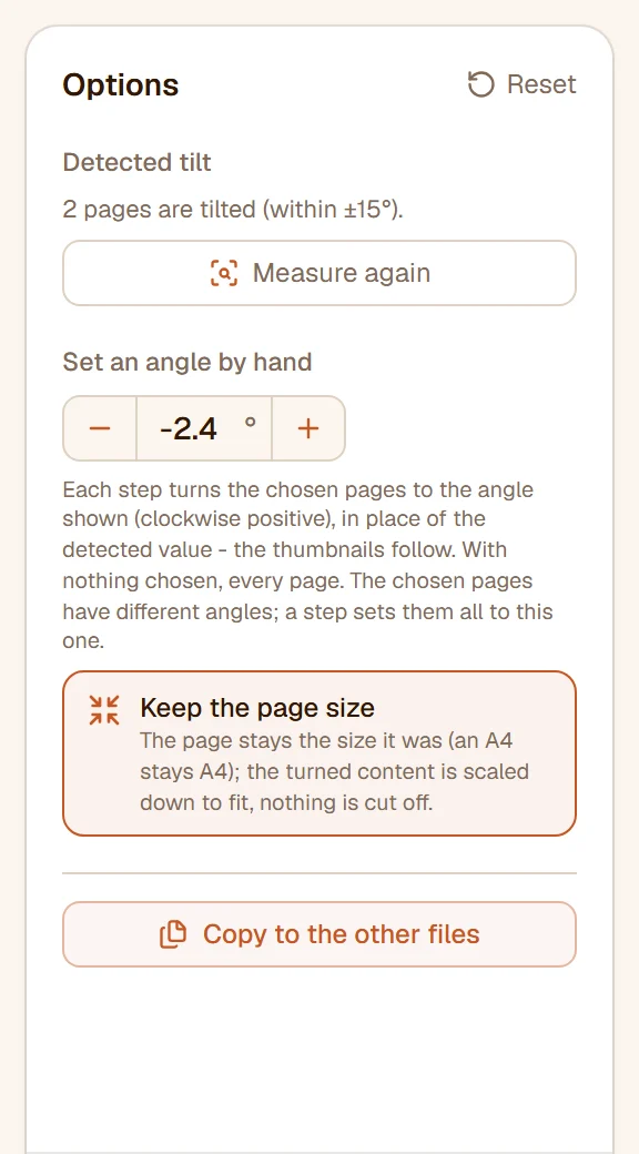 The rail: 2 pages tilted, Measure again, the angle stepper at -2.4°, and Keep the page size switched on