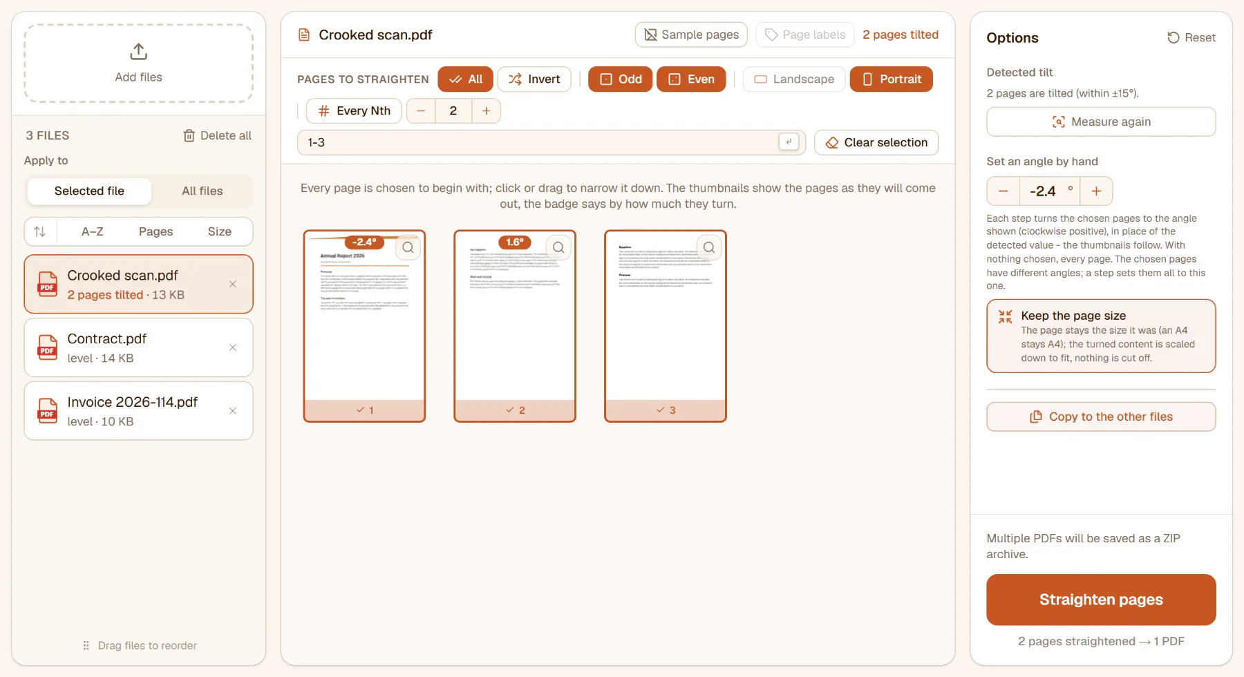 Straighten PDF with three files: the crooked scan's first two pages carry -2.4° and 1.6° badges, the file list says 2 pages tilted