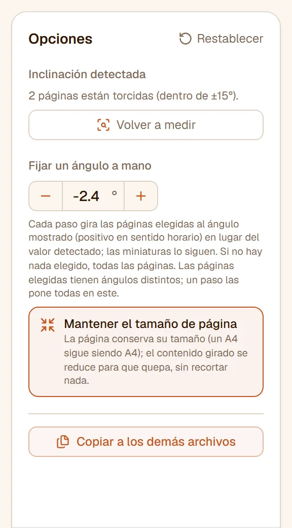 El panel: 2 páginas torcidas, Volver a medir, el selector de ángulo en -2,4° y Mantener el tamaño de página activado