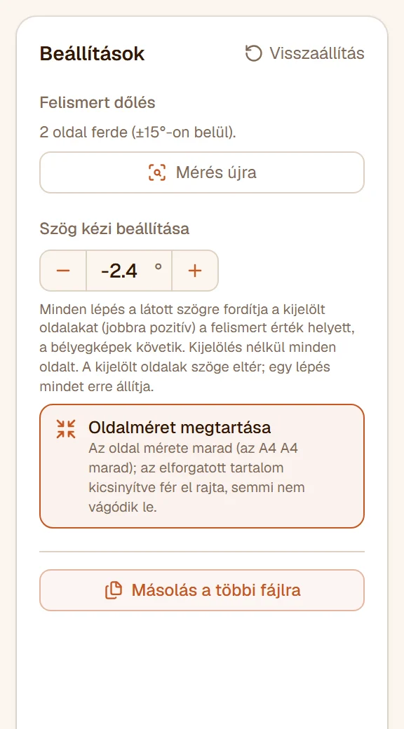 A beállítások: 2 oldal ferde, Mérés újra, a -2,4°-on álló szögléptető és a bekapcsolt Oldalméret megtartása
