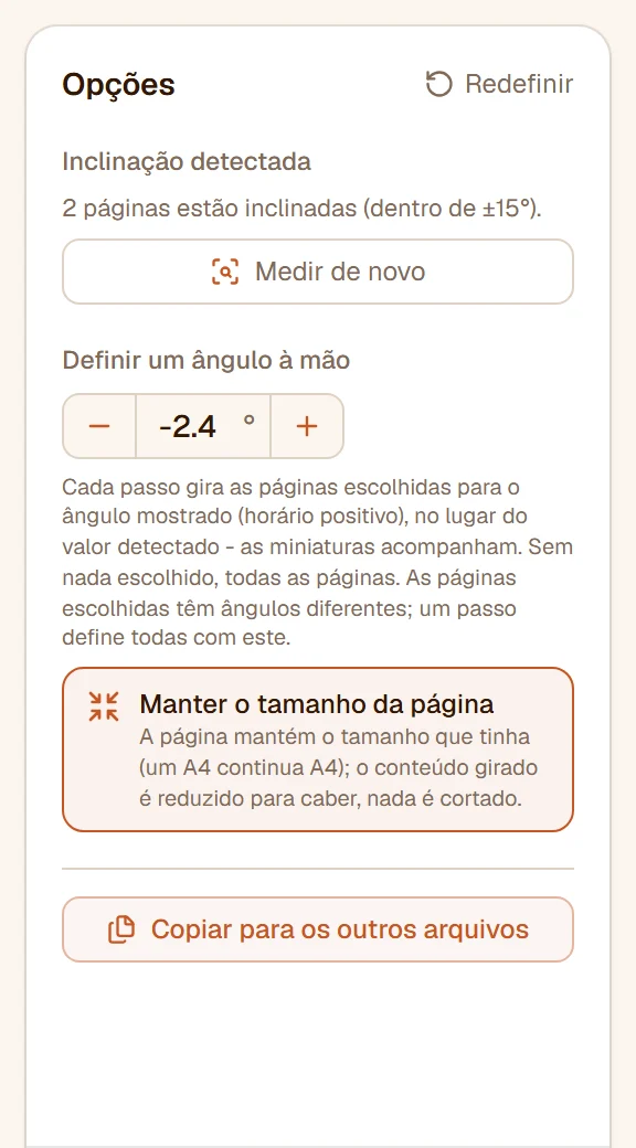 O painel: 2 páginas inclinadas, Medir de novo, o seletor de ângulo em -2.4° e Manter o tamanho da página ligado