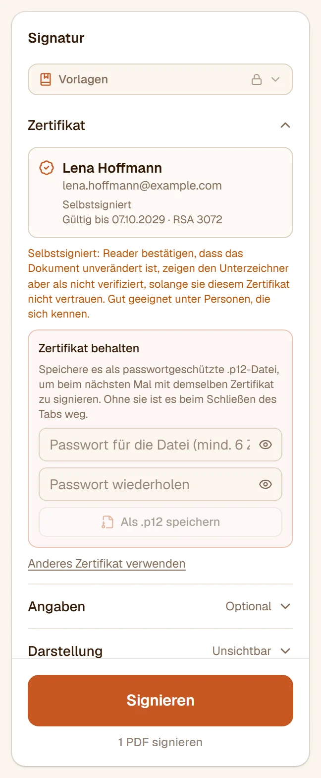 Ein im Browser erstelltes Zertifikat: ausgestellt für Lena Hoffmann, selbstsigniert, drei Jahre gültig, mit der Möglichkeit, es als .p12-Datei zu speichern