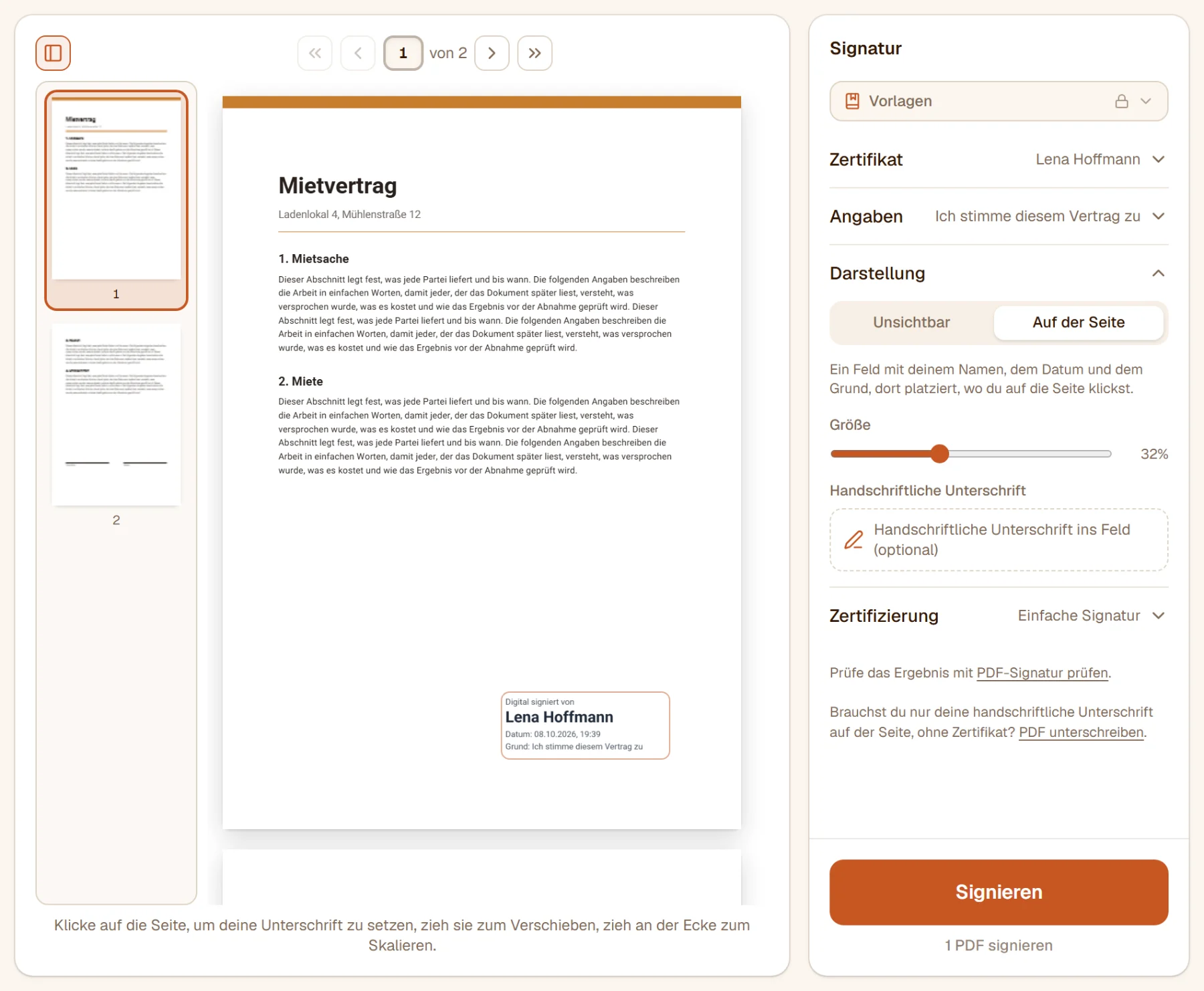 Die Signatur auf Seite 1 platziert: ein Feld mit Digital signiert von Lena Hoffmann, mit Datum und Grund
