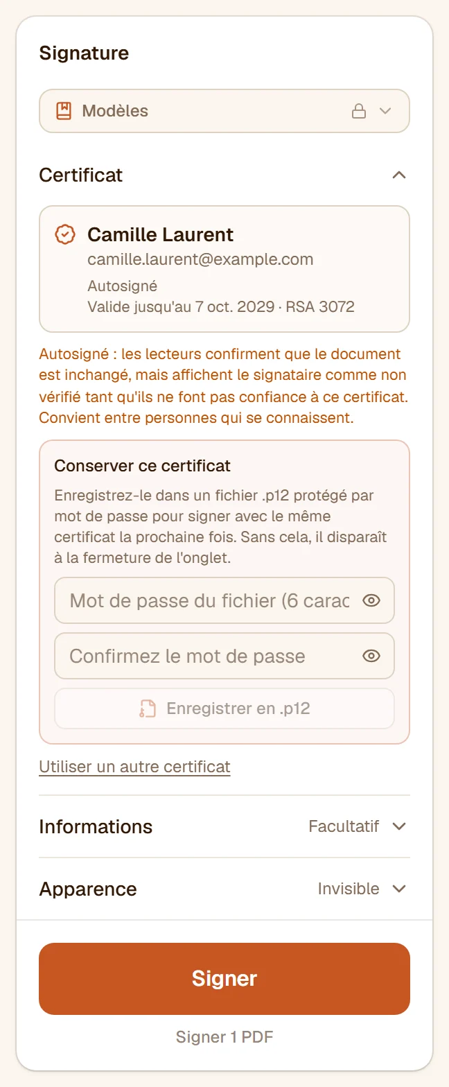Un certificat créé dans le navigateur : délivré à Camille Laurent, auto-signé, valide trois ans, avec l'option de l'enregistrer en fichier .p12