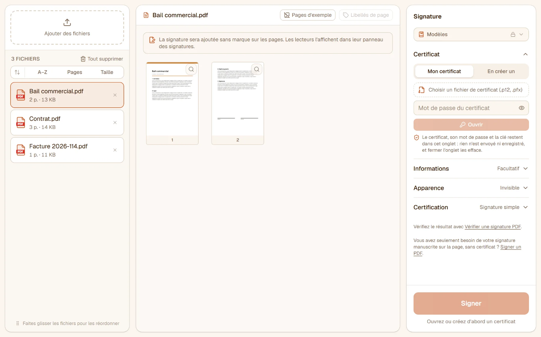 Signer un PDF numériquement avec trois fichiers : le bail commercial ouvert, la section Certificat du panneau en attente d'un certificat