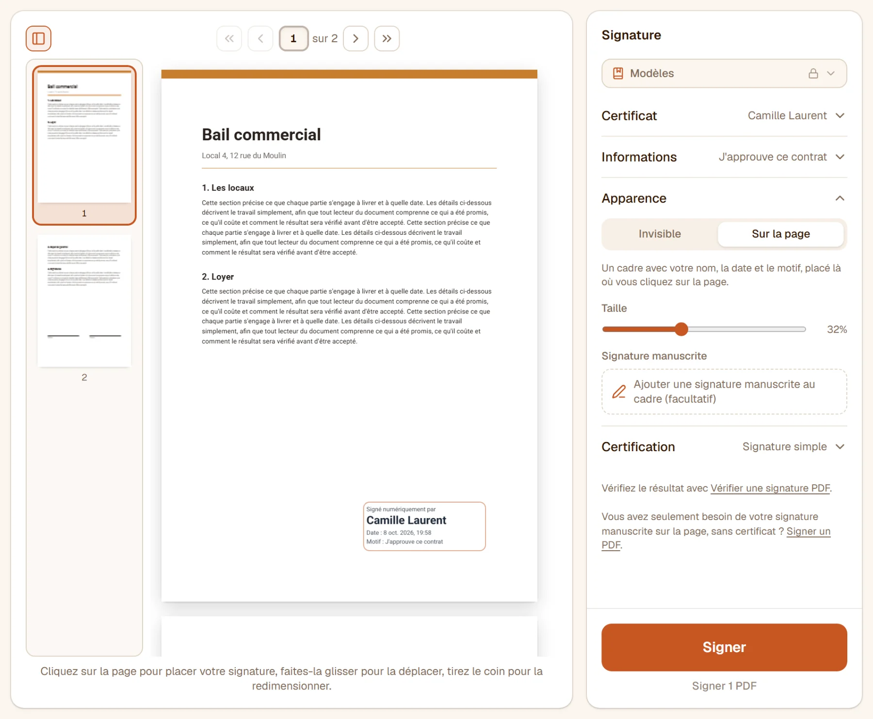 La signature placée sur la page 1 : un cadre indiquant Signé numériquement par Camille Laurent, avec la date et le motif