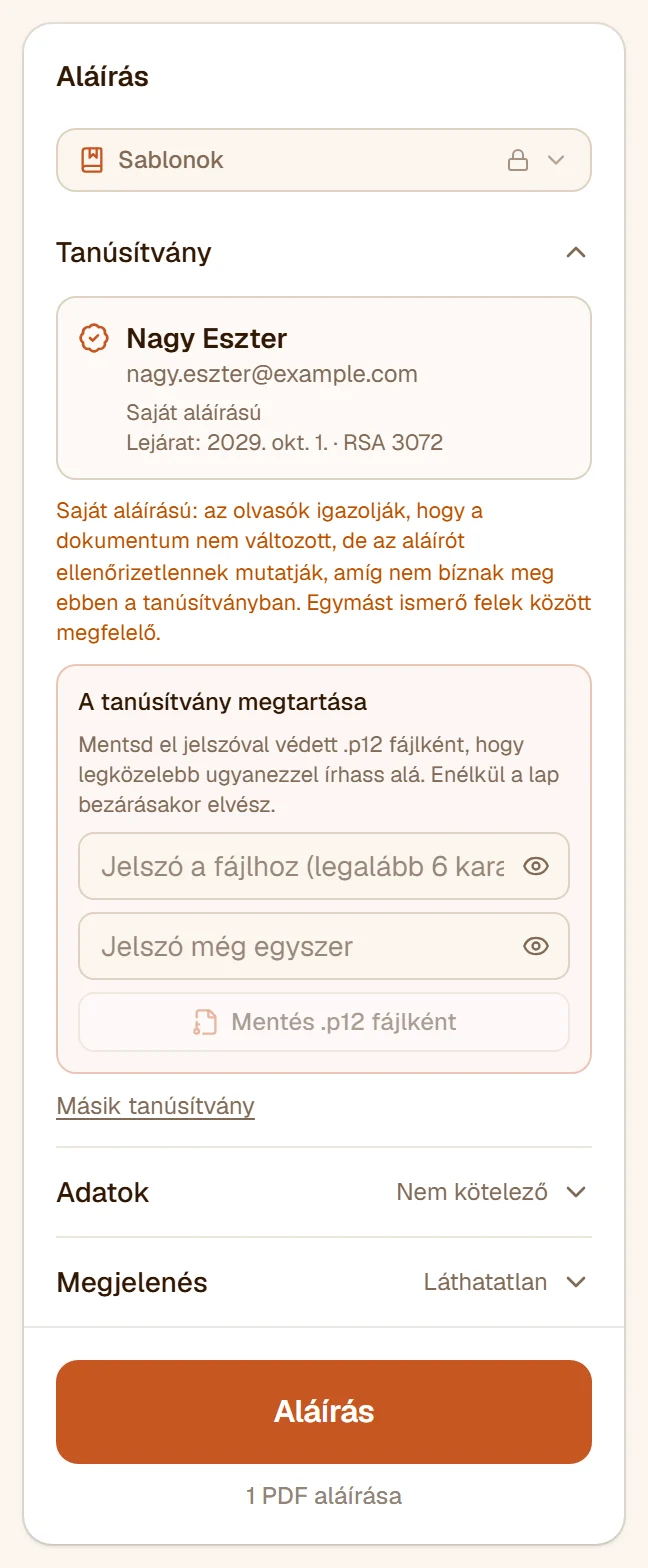 Egy a böngészőben készült tanúsítvány: Nagy Eszter nevére, saját aláírású, három évig érvényes, mellette a .p12 fájlként mentés lehetősége