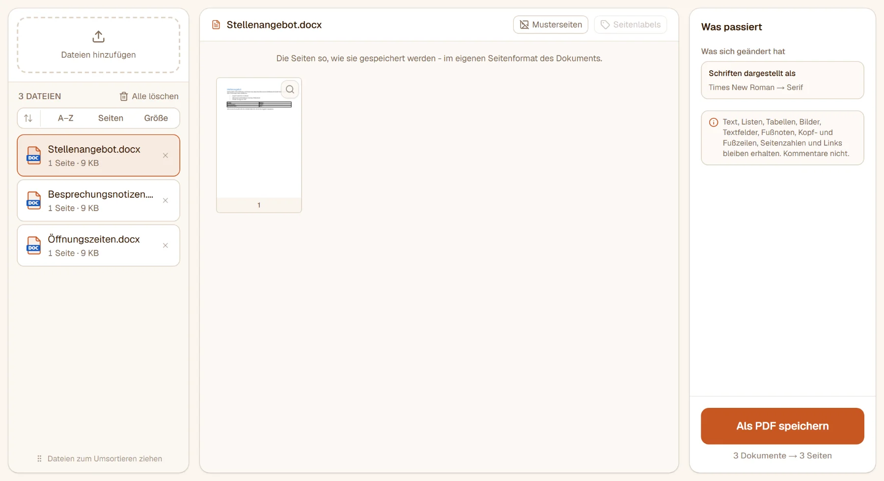 Word in PDF mit drei Word-Dokumenten in der Liste und der Seite des Stellenangebots in der Mitte