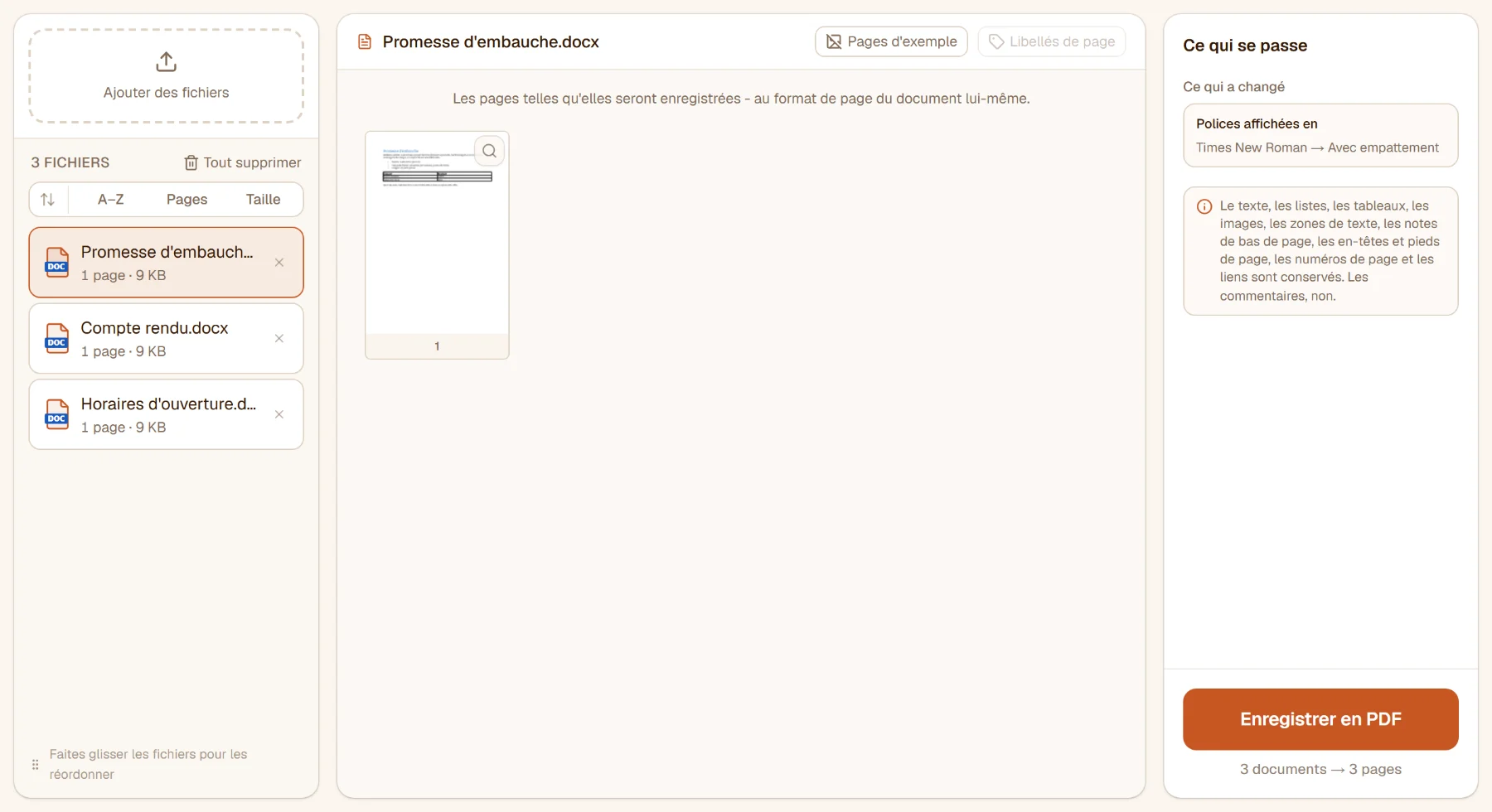 Word en PDF avec trois documents Word dans la liste et la page de la promesse d'embauche au centre