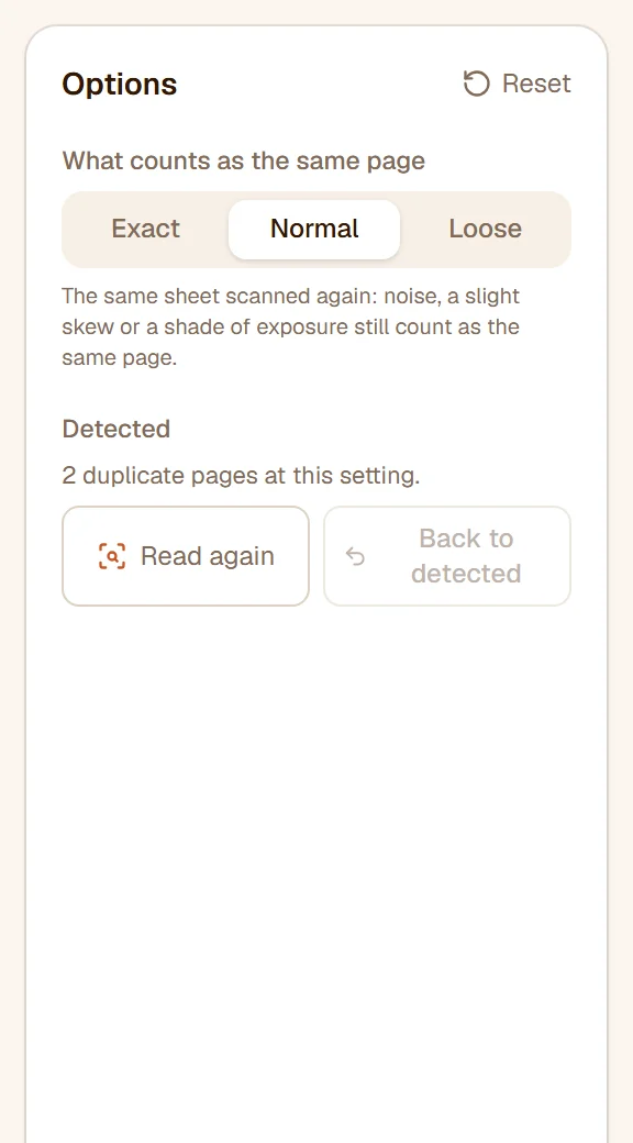 The rail: What counts as the same page set to Normal, 2 duplicate pages detected, Read again and Back to detected