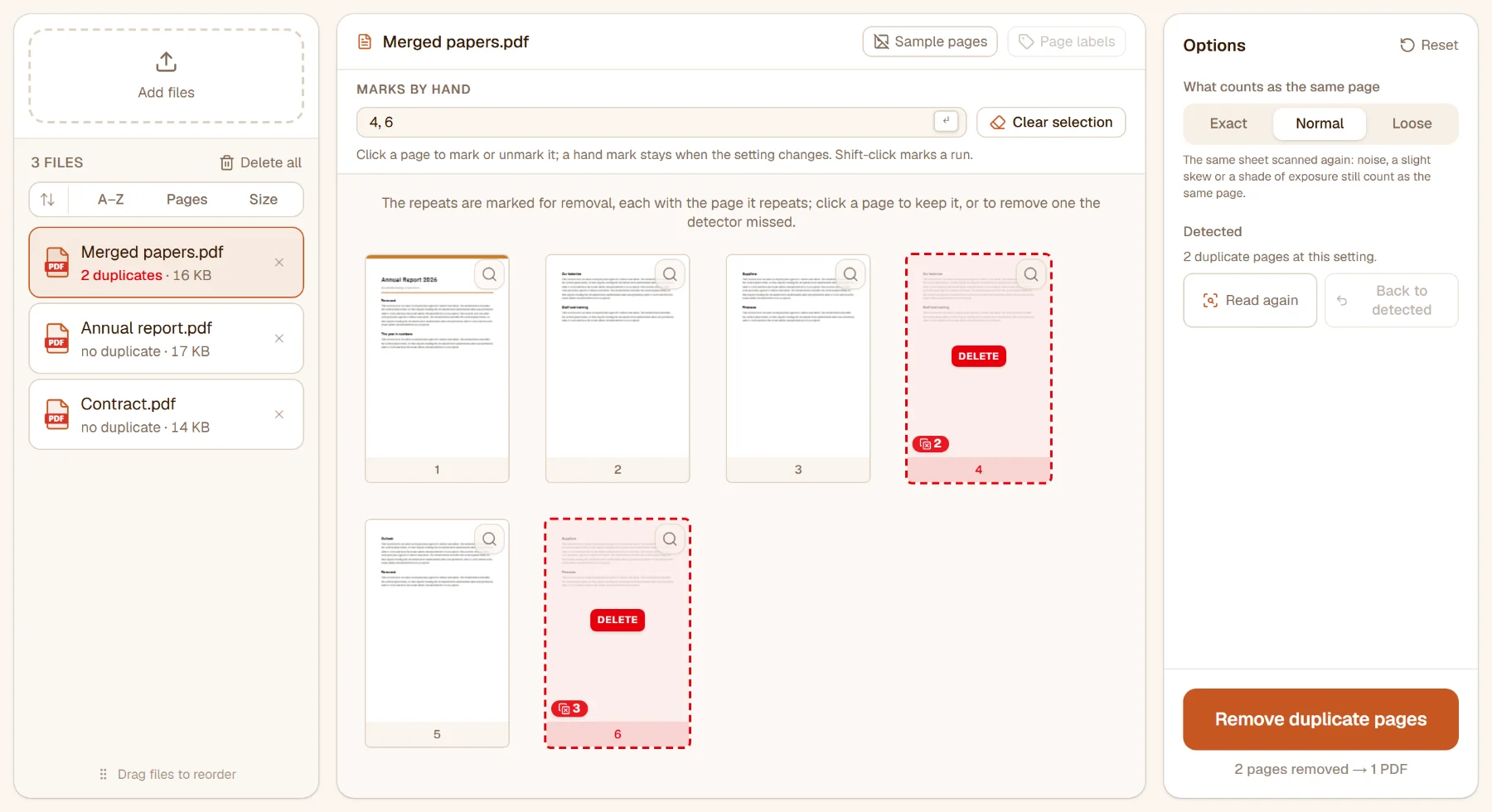 Remove duplicate pages with three files: in the merged papers page 4 repeats page 2 and page 6 repeats page 3, both marked Delete