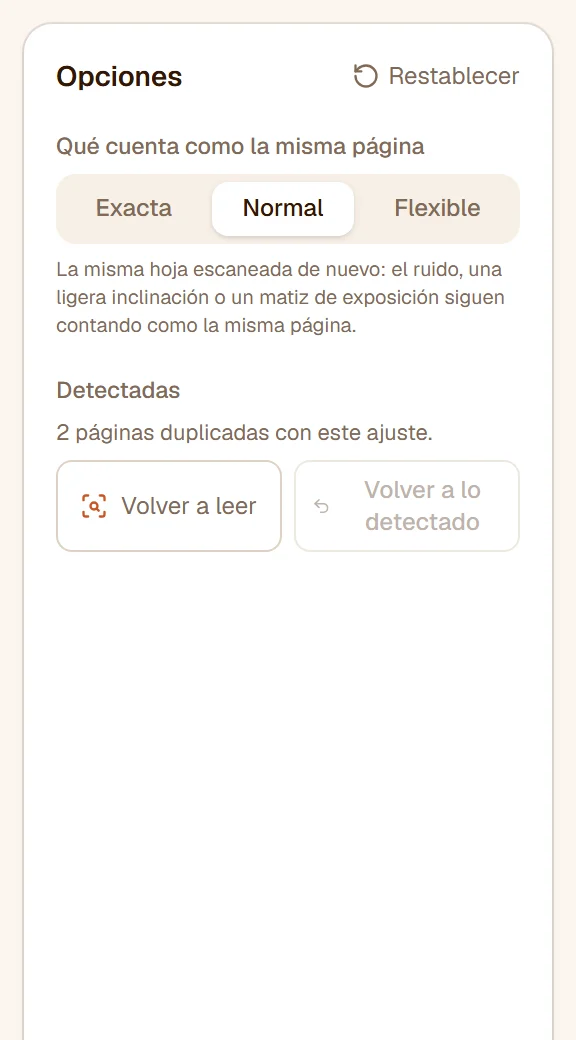 El panel: Qué cuenta como la misma página en Normal, 2 páginas duplicadas detectadas, Volver a leer y Volver a lo detectado