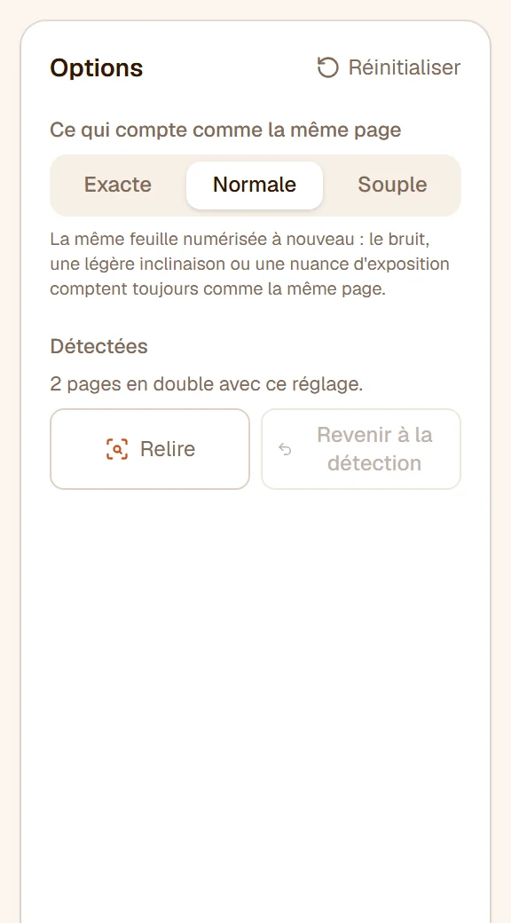 Le panneau : Ce qui compte comme la même page réglé sur Normale, 2 pages en double détectées, Relire et Revenir à la détection