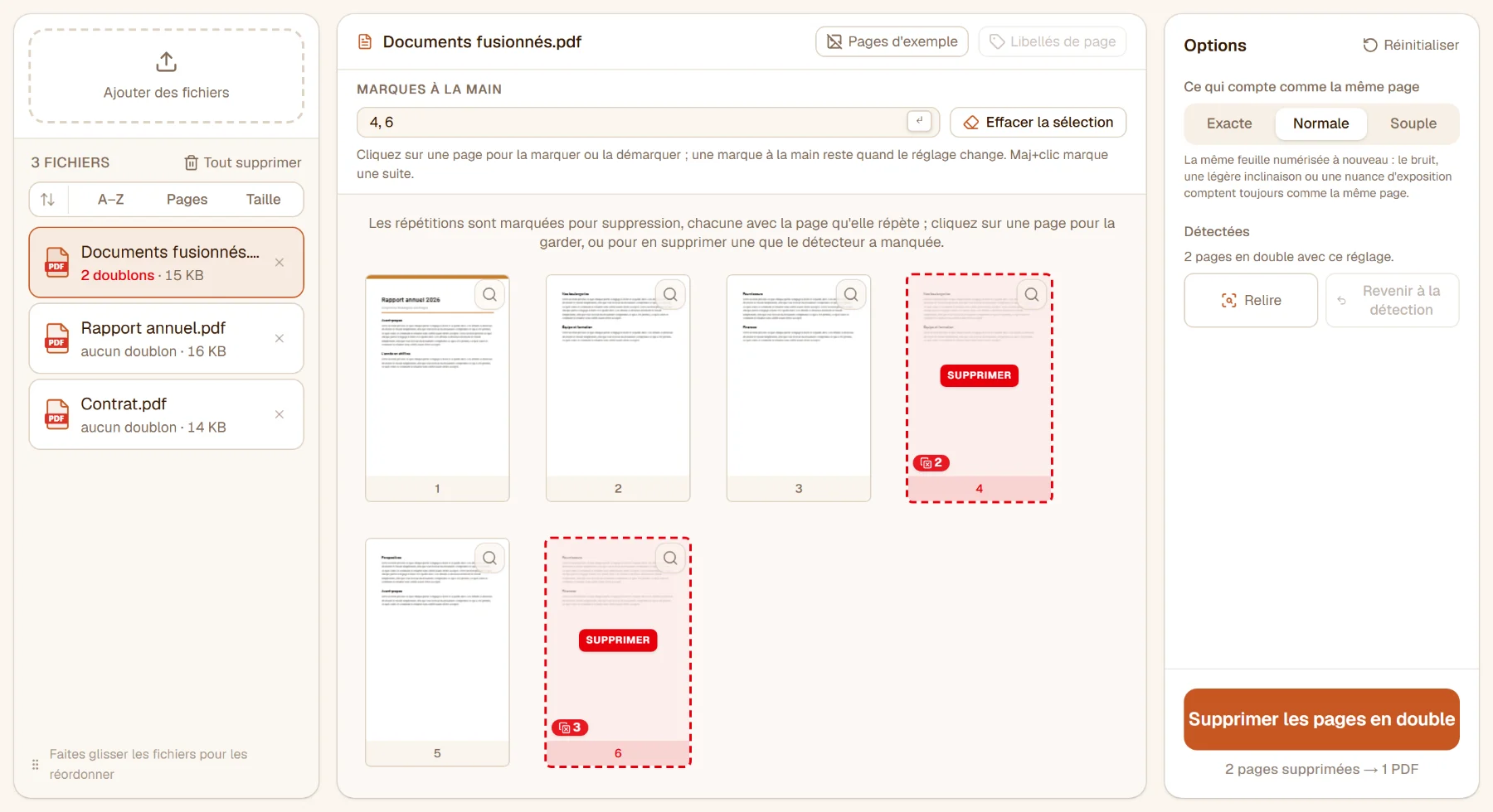 Supprimer les pages en double avec trois fichiers : dans les documents fusionnés, la page 4 répète la page 2 et la page 6 répète la page 3, toutes deux marquées Supprimer