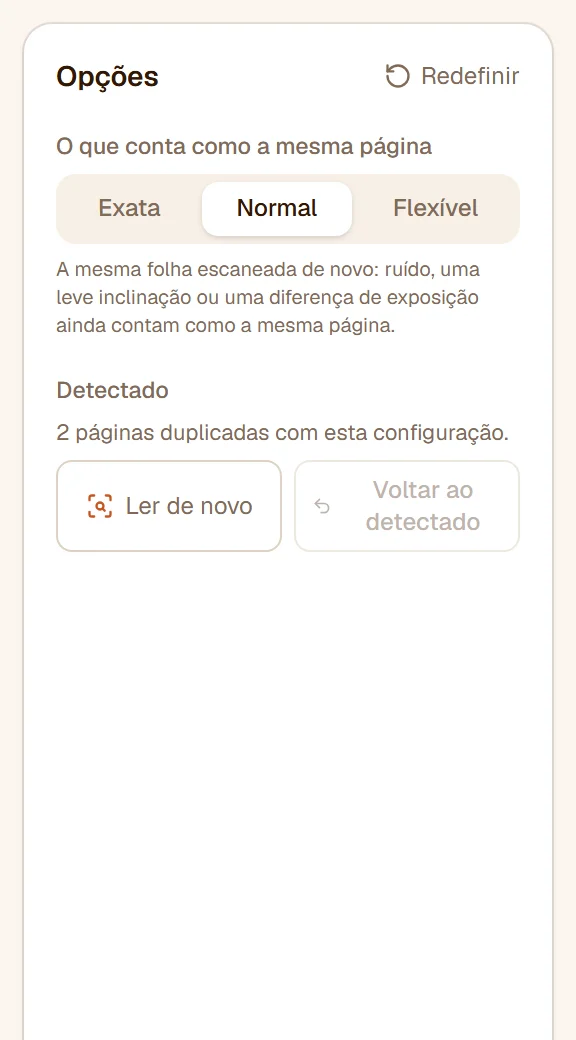 O painel: O que conta como a mesma página em Normal, 2 páginas duplicadas detectadas, Ler de novo e Voltar ao detectado
