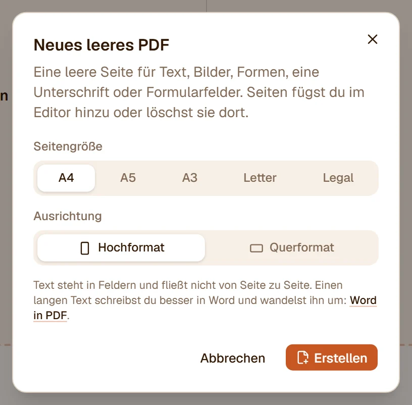 Der Dialog Neues leeres PDF: Seitengröße A4, A5, A3, Letter oder Legal, Hochformat oder Querformat
