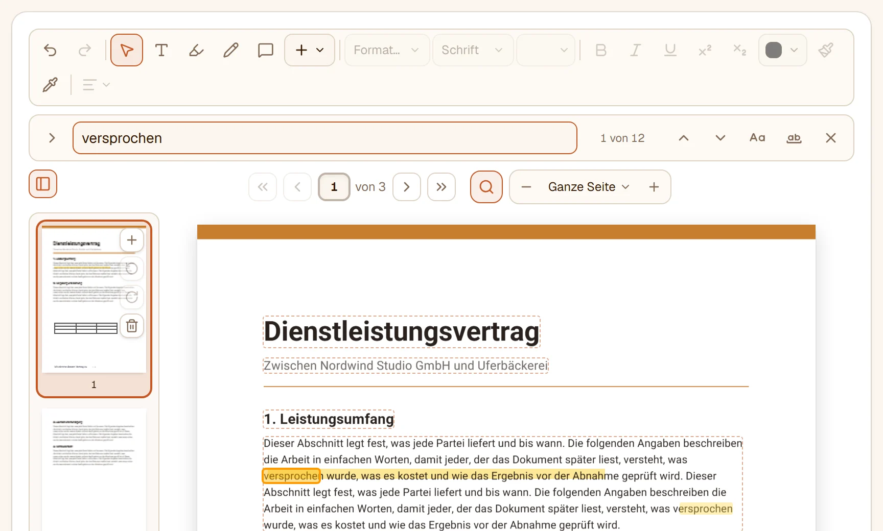 Die Suchleiste mit dem Wort versprochen: 1 von 12, die Treffer auf der Seite markiert