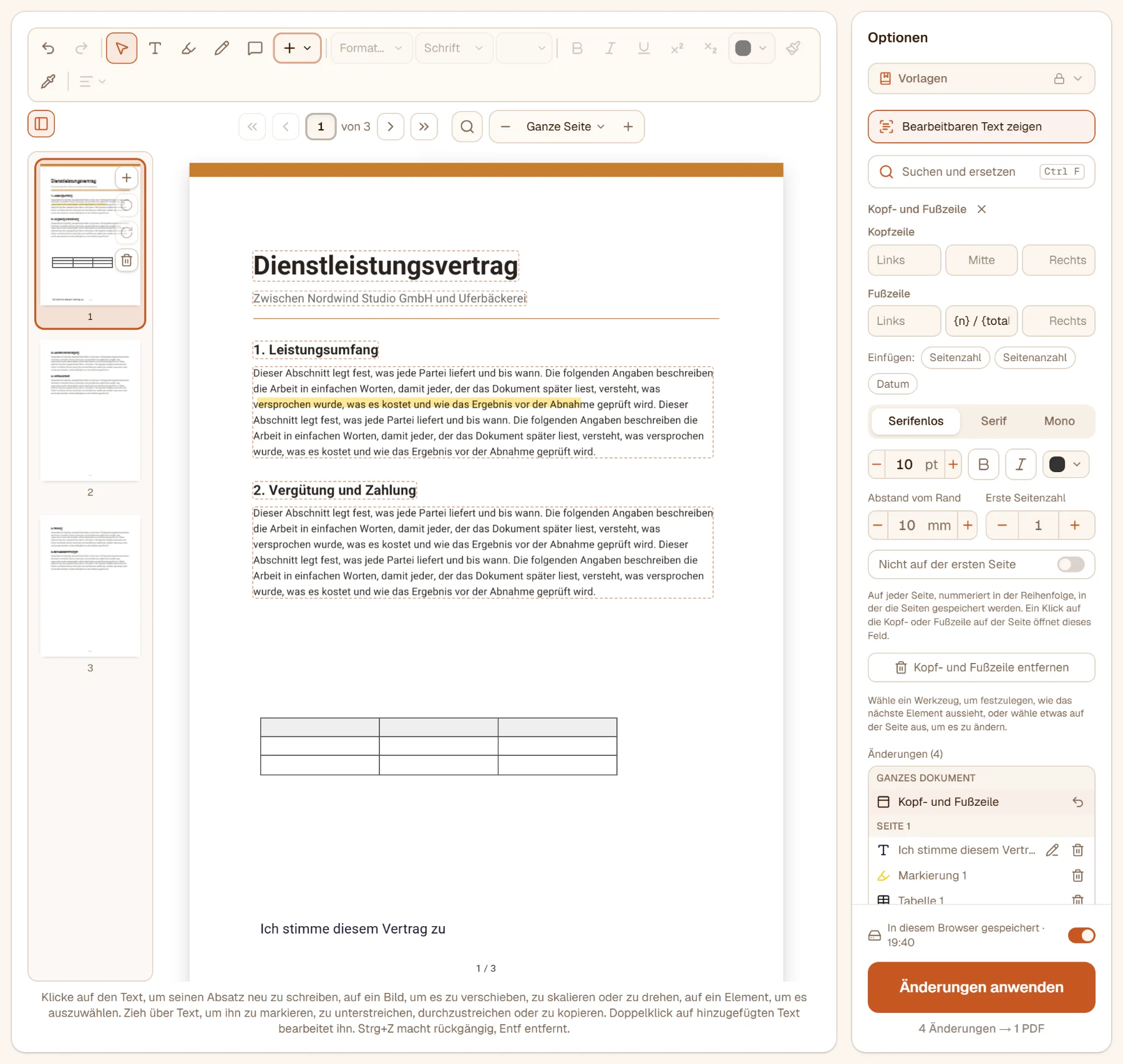 Kopf- und Fußzeile in der Optionsleiste geöffnet: In der Mitte der Fußzeile steht {n} / {total}, die Seite zeigt unten 1 / 3